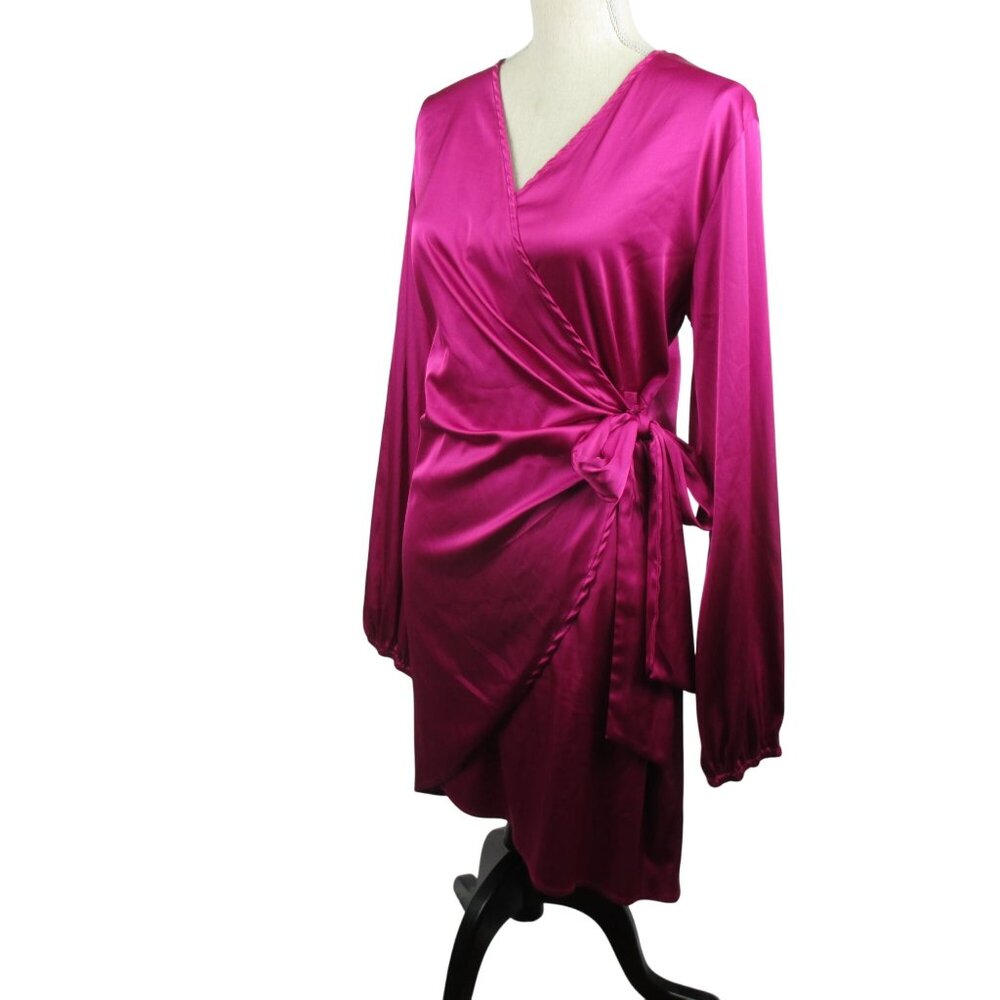 LYANER Wrap Dress Satin Silky Pink V Neck Tie Waist Long Sleeve XL Siren - Picture 3 of 7